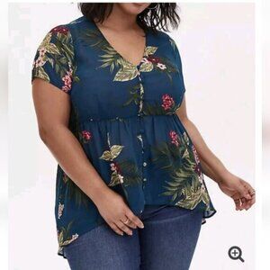 TORRID | Teal Tropical Floral Chiffon Babydoll Tunic Hi-Low Sheer Blouse Sz 4X